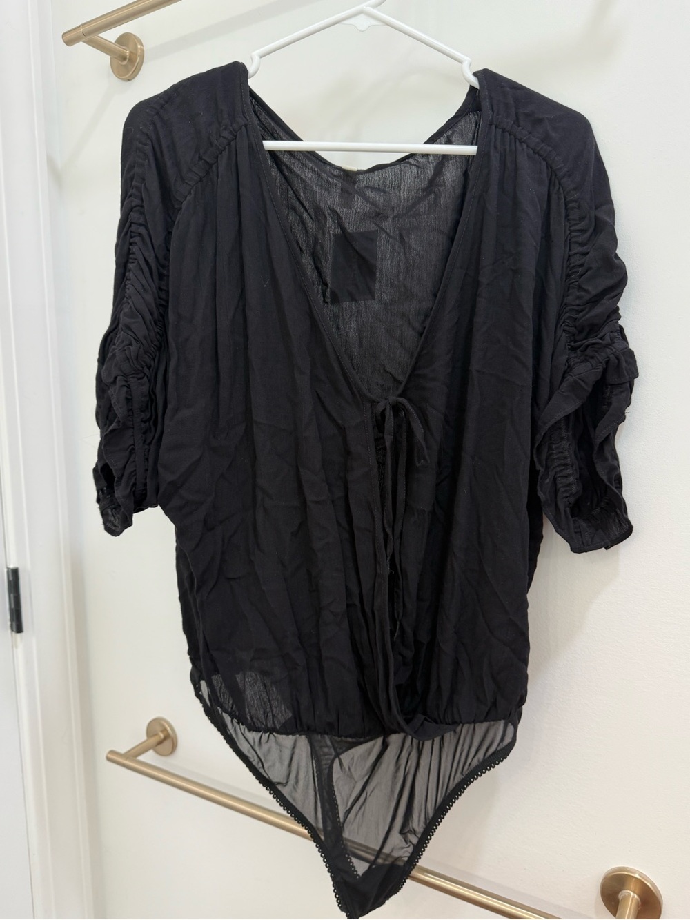Free People Black Tie-Front V-Neck Ruched Sleeve Bodysuit